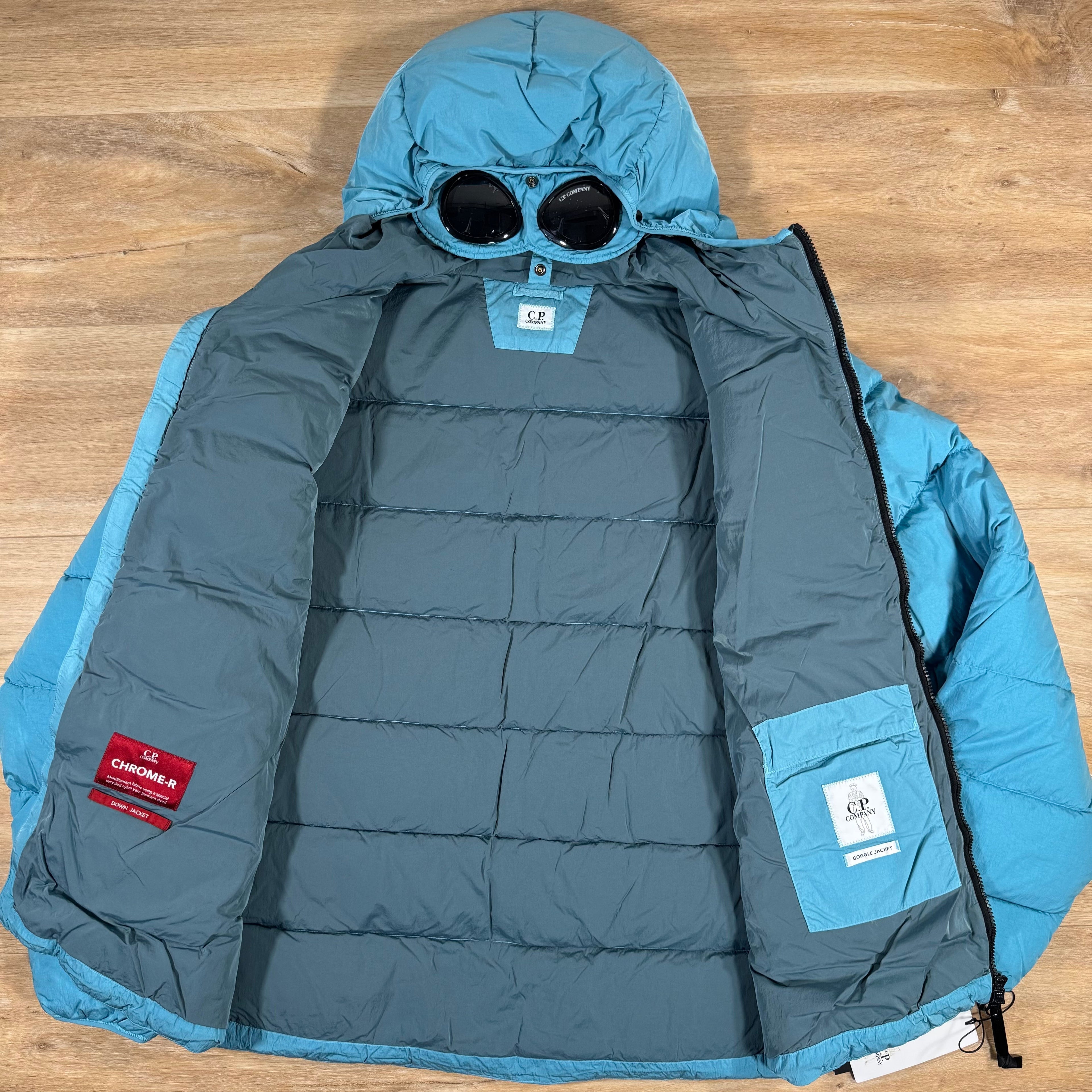 CP Company Chrome-R Goggle Down Jacket in Aegean Blue
