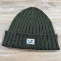 CP Company Extra Fine Merino Wool Logo Beanie in Ivy Green