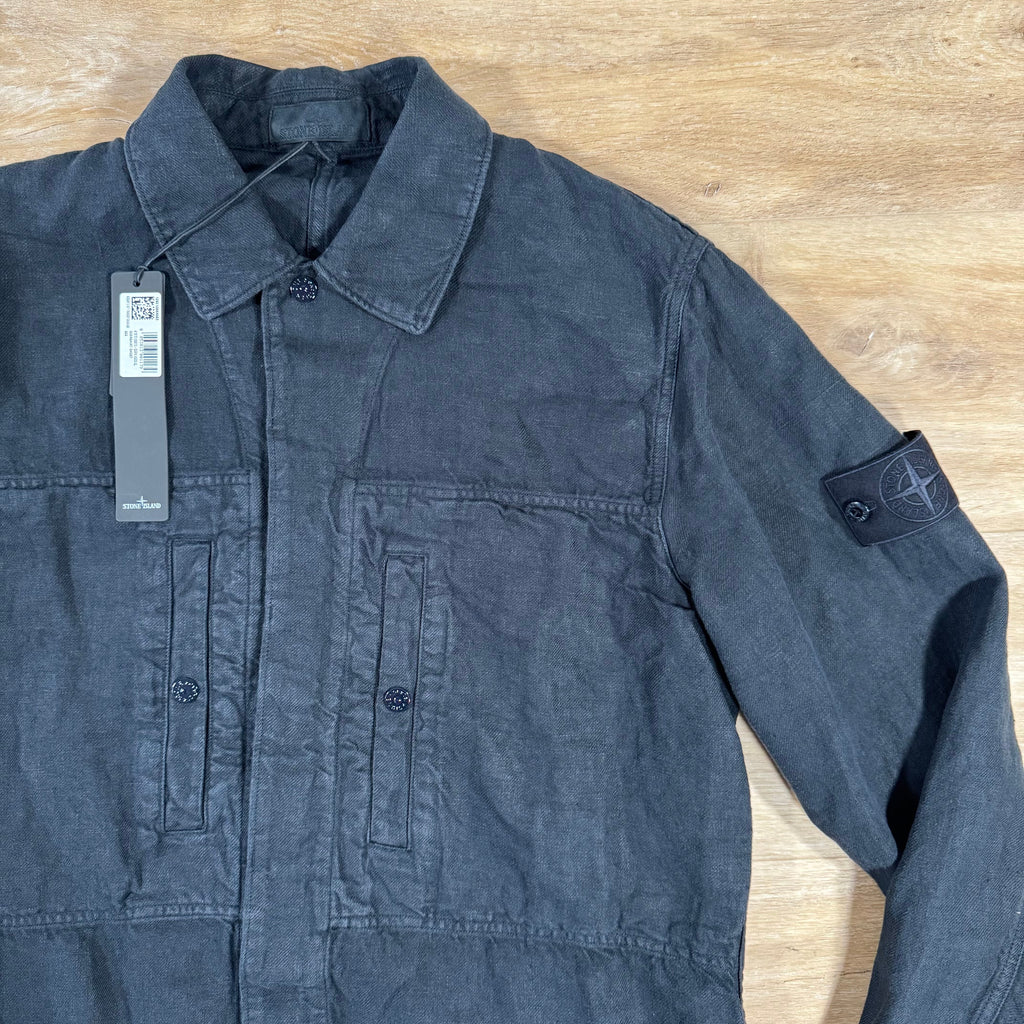 Stone Island Diagonal Linen Ghost Overshirt in Navy